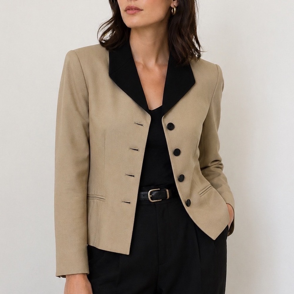 Vintage Kasper ASL Blazer Womens 12P Tan Black Contrast Collar Professional Chic